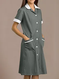 Damen Profi Pflege Uniform Kleid Revers Kontrastfarbe Patchwork Taschen Kurzarm Kosmetik Spa Medizinischer Scrub Kleid