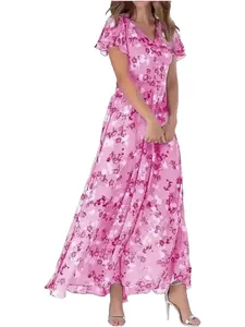 Elegant pink floral chiffon maxi dress with V-neck and ruffle sleeves for summer beach