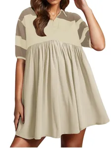 Stylish women's summer leisure striped patchwork short-sleeve polo collar mini dress