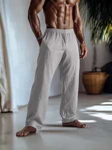 Pantaloni casual da uomo in lino di cotone grigio, vestibilità ampia, con tasche ed elastico
