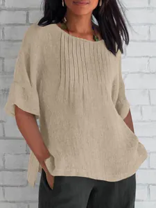 Women's casual crewneck pleated cotton linen blouse with stylish three-quarter bell sleeves