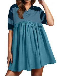 Casual short sleeve mini dress with lapel collar and pleated hem in teal blue