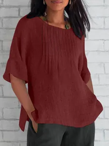 Elegant casual burgundy cotton-linen blouse with pleated round neck and flared sleeves