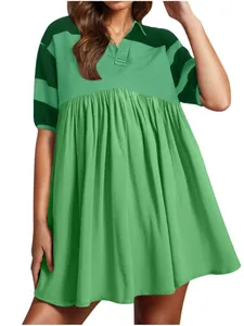 Women's casual green striped short sleeve polo dress with a flowy pleated skirt