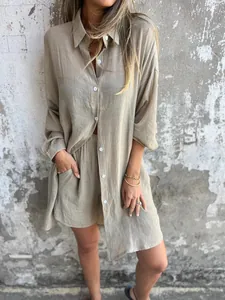 Casual khaki linen-blend two-piece set with crinkled texture shirt and matching shorts