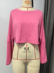 Detailed view of a pink long-sleeved cropped crewneck sweatshirt on a mannequin.