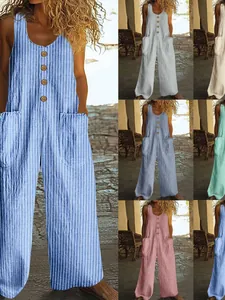 Combinaison Femme Décontractée Rayée en Coton et Lin avec Poches Boutons Coupe Large Sans Manches Pantalon Vacances Boho