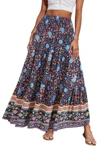 Bohemian high-waist floral smocked maxi skirt with tiered hem