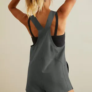 Detailed back view of a charcoal gray casual sleeveless romper with wide straps