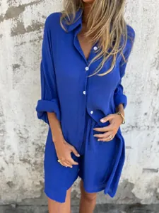 A relaxed fit royal blue casual two-piece cotton linen shirt and shorts lounge set for women