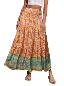 Bohemian floral print tiered maxi skirt with smocked high waist for beach leisure wear