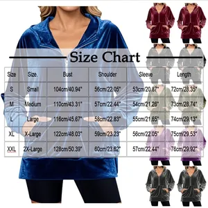 Size chart for women's velvet hooded sweatshirt featuring zipper and pocket detail