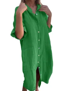 Stylish loose casual green cotton linen button-down shirt dress with mid-sleeves and pockets