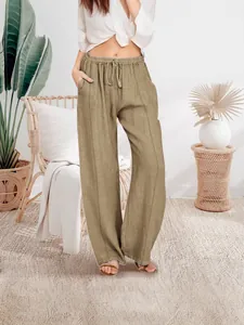 Casual dames linnen broek met wijde pijpen, grote maat, khaki kleur, getoond op model