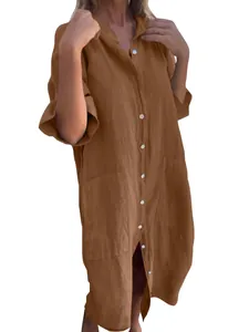 Loose cognac brown cotton linen shirt dress with mid-sleeves and buttons for women