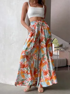 Pantaloni a gamba larga stile boho con stampa floreale a vita alta moda estiva