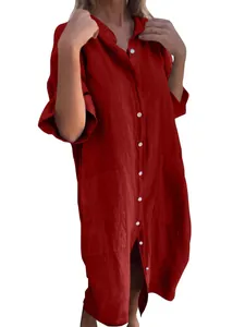 Loose casual red cotton linen shirt dress with button-down design and side pockets