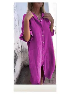 Loose casual cotton linen shirt dress in fuchsia purple for women spring summer style