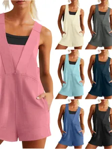 Women Knitted V-Neck Romper Sleeveless Casual Jumpsuit With Pockets Solid Color Top And Bottom Commuter Beach Summer Wear