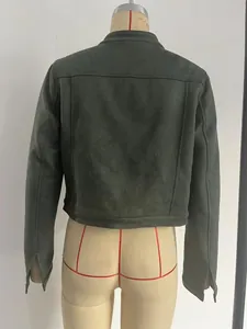 Back view of premium dark green faux suede short jacket for women featuring elegant seam details