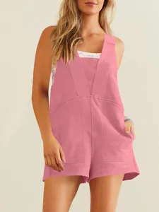 Stylish pink sleeveless V-neck romper for women, featuring front pockets and summer casual design.
