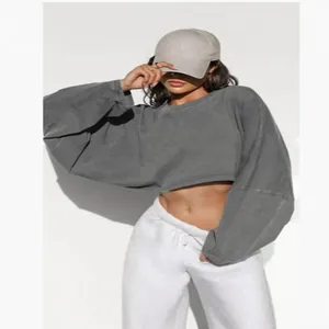 Oversized dark grey cropped sweatshirt with batwing sleeves for women athletic wear