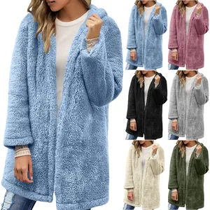 Women's plush hooded cardigan overview showing multiple color options and casual loose fit