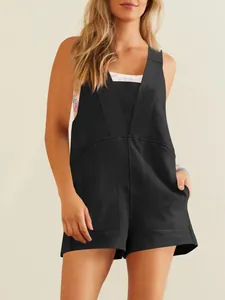 Sleeveless black V-neck romper jumpsuit with side pockets for casual summer wear