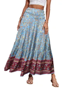 Close-up of bohemian floral tiered maxi skirt with smocked high waist and layers