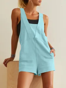 Stylish light blue V-neck sleeveless romper shorts for women, casual summer style
