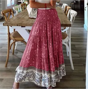 Detailed view of bohemian floral print high waist maxi skirt with smocked elastic waist