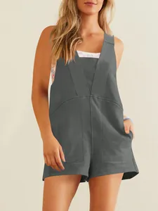Chic charcoal grey sleeveless V-neck romper for women, casual summer style jumpsuit.
