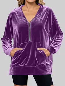 Women Casual Golden Velvet Hoodie Long Sleeve Quarter Zip Sweatshirt With Pocket Autumn Winter Loose Solid Velvet Top