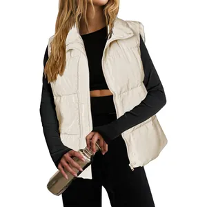 Full front view of a stylish cream women's lightweight puffer vest with a stand collar
