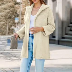 Detail of cozy cream plush hooded cardigan with a soft fleece texture for women