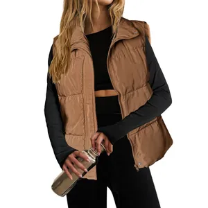 High-quality detail view of women brown lightweight padded vest with stand collar