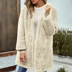 Cozy cream-colored teddy fleece hooded cardigan for women featuring soft plush texture