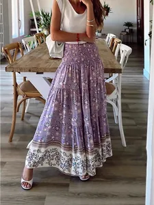 Women's Bohemian Floral Printed Maxi Skirt High Waist Smocked A-Line Tiered Long Beach Skirt Polyester Casual Bottom