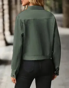 Back view of a trendy olive green suede short jacket for women in street style
