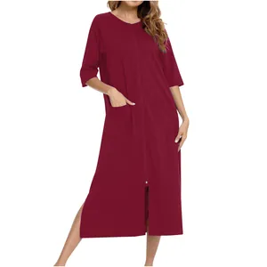 Camicia da notte premaman bordeaux con maniche a 3/4, cerniera e tasche laterali