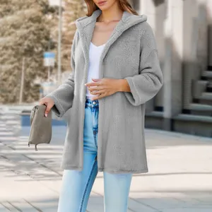 Grey plush hooded cardigan mid-length fleece coat for women in outdoor street setting