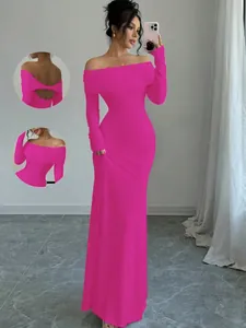 Elegant hot pink off-shoulder long-sleeve maxi evening dress with stylish ruched detail and slim fit