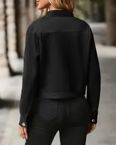 Back view detail of a chic black short suede jacket for women in autumn style