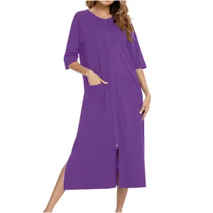 Comodo abbigliamento da casa viola da donna con cerniera, tasche e maniche a 3/4