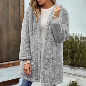Cozy light grey fuzzy hooded cardigan for women, perfect for fall and winter casual street style.