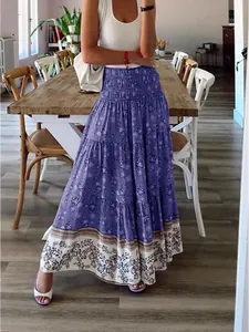 Bohemian high waist floral print smocked maxi skirt for beach and casual wear