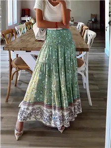 Elegant bohemian green floral high waist maxi skirt with smocked elastic waistband