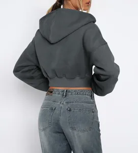 Casual street style cropped dark grey zip-up hoodie sweatshirt for women back view