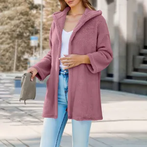 Mauve mid-length fuzzy hooded cardigan with soft fleece texture and relaxed fit style