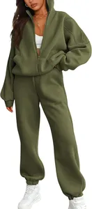 Detail view of women's olive green two-piece fleece tracksuit with zip-up jacket